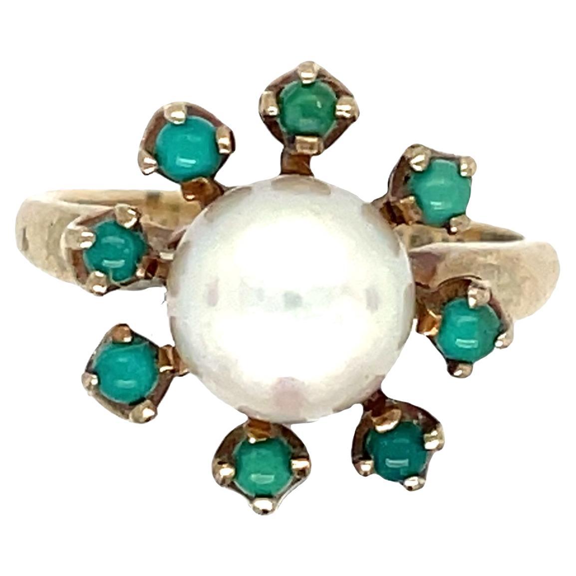 Antique Turquoise Halo Pearl Cluster Ring in 10k Yellow Gold For Sale
