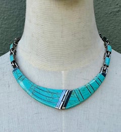Vintage Turquoise Inlay Mexico Sterling Silver Necklace