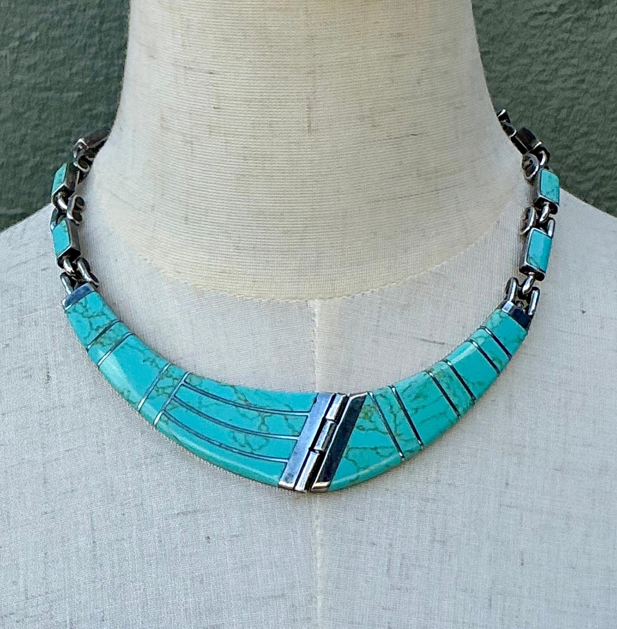 Nativo americano Collana vintage in argento sterling con intarsi in turchese del Messico in vendita