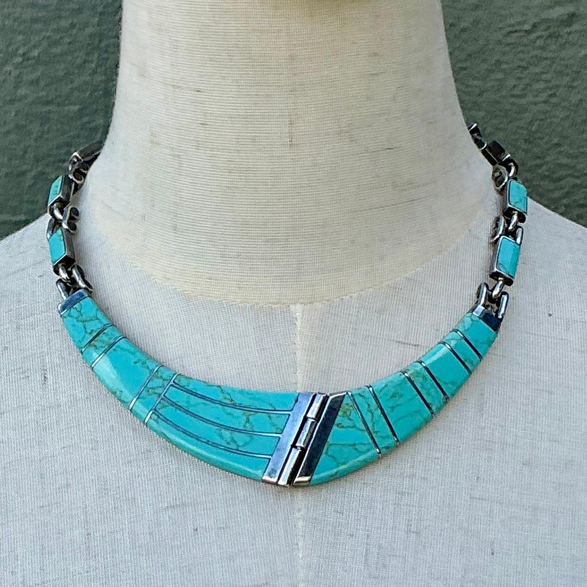 Taglio misto Collana vintage in argento sterling con intarsi in turchese del Messico in vendita