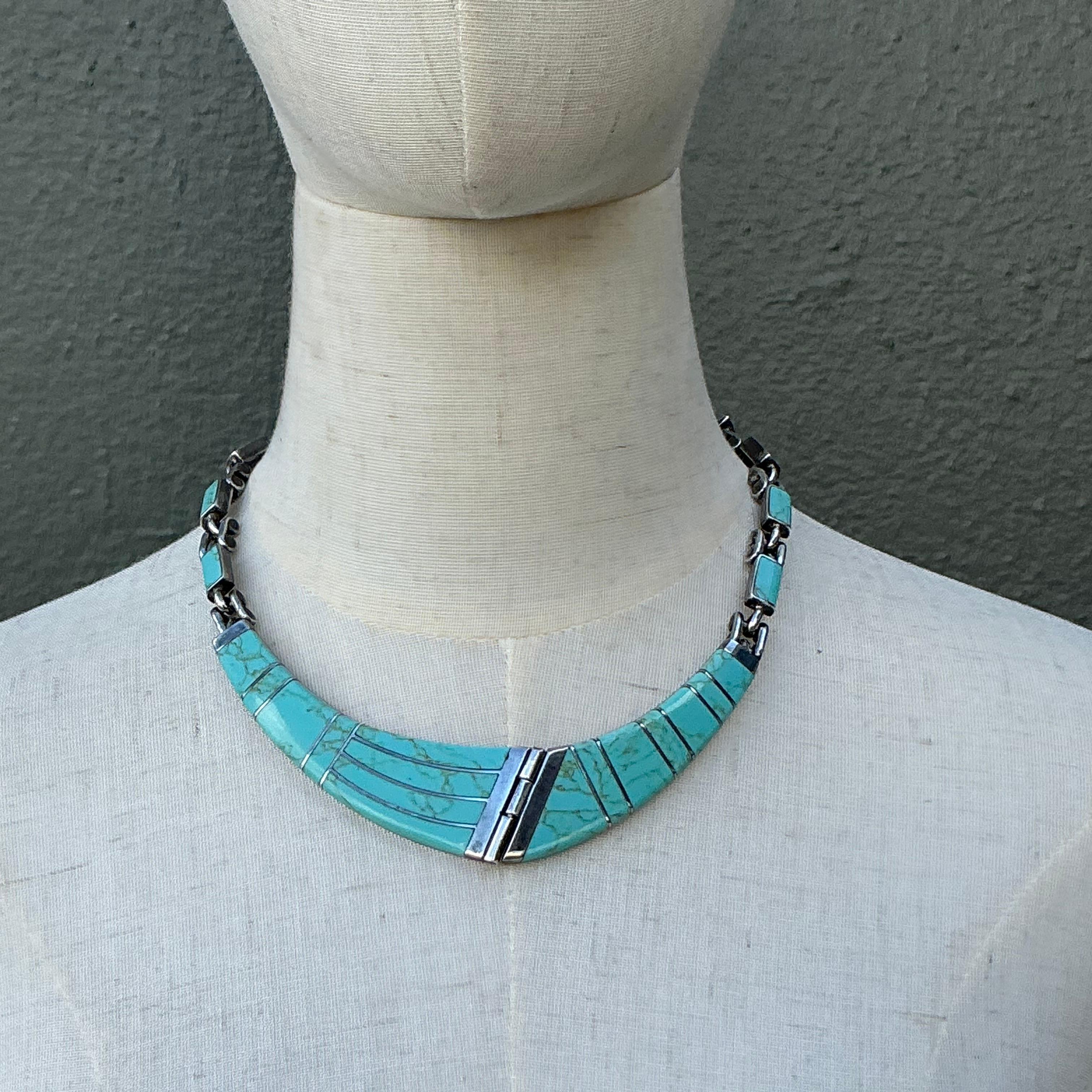 Collana vintage in argento sterling con intarsi in turchese del Messico In condizioni buone in vendita a West Palm Beach, FL