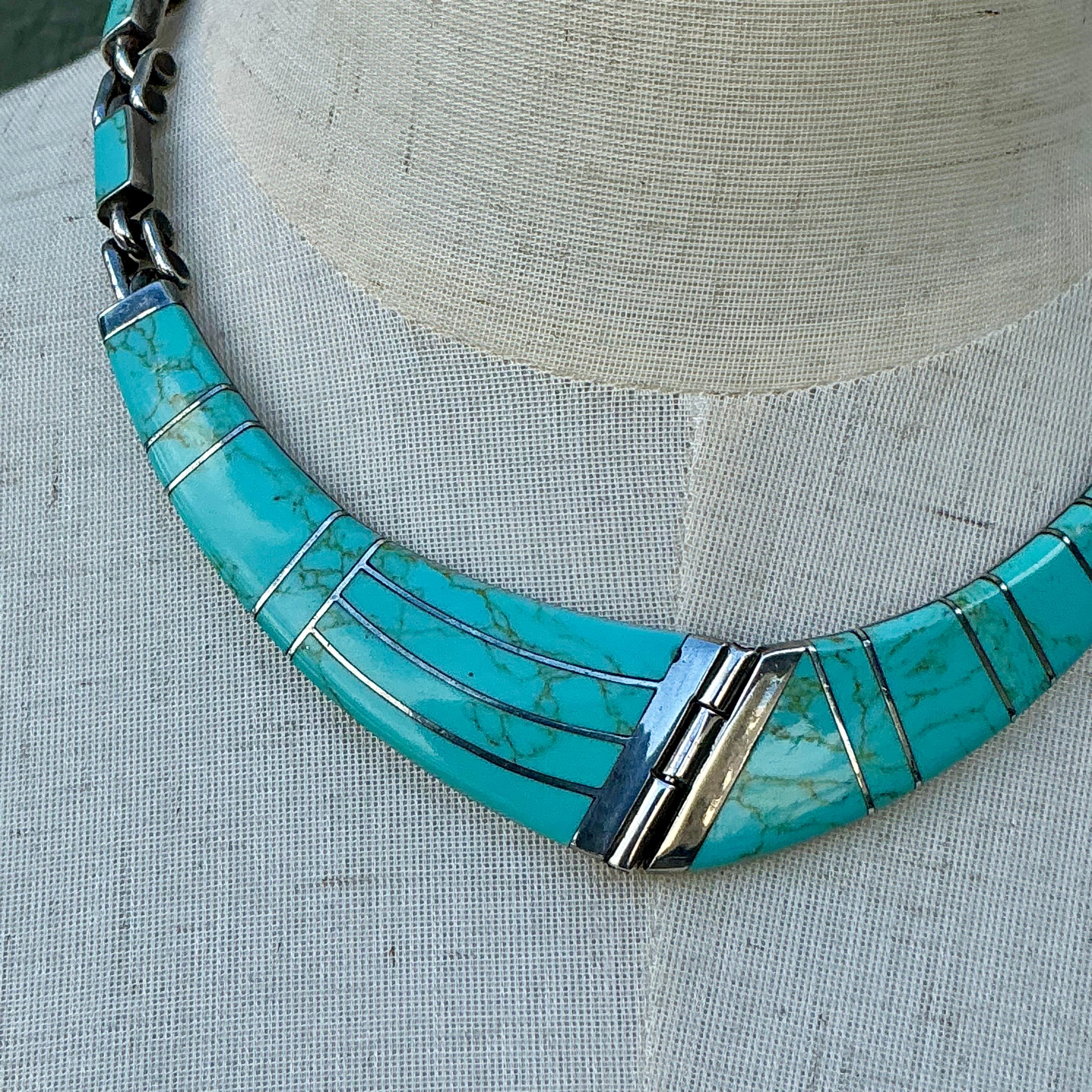 da uomo o donna Collana vintage in argento sterling con intarsi in turchese del Messico in vendita