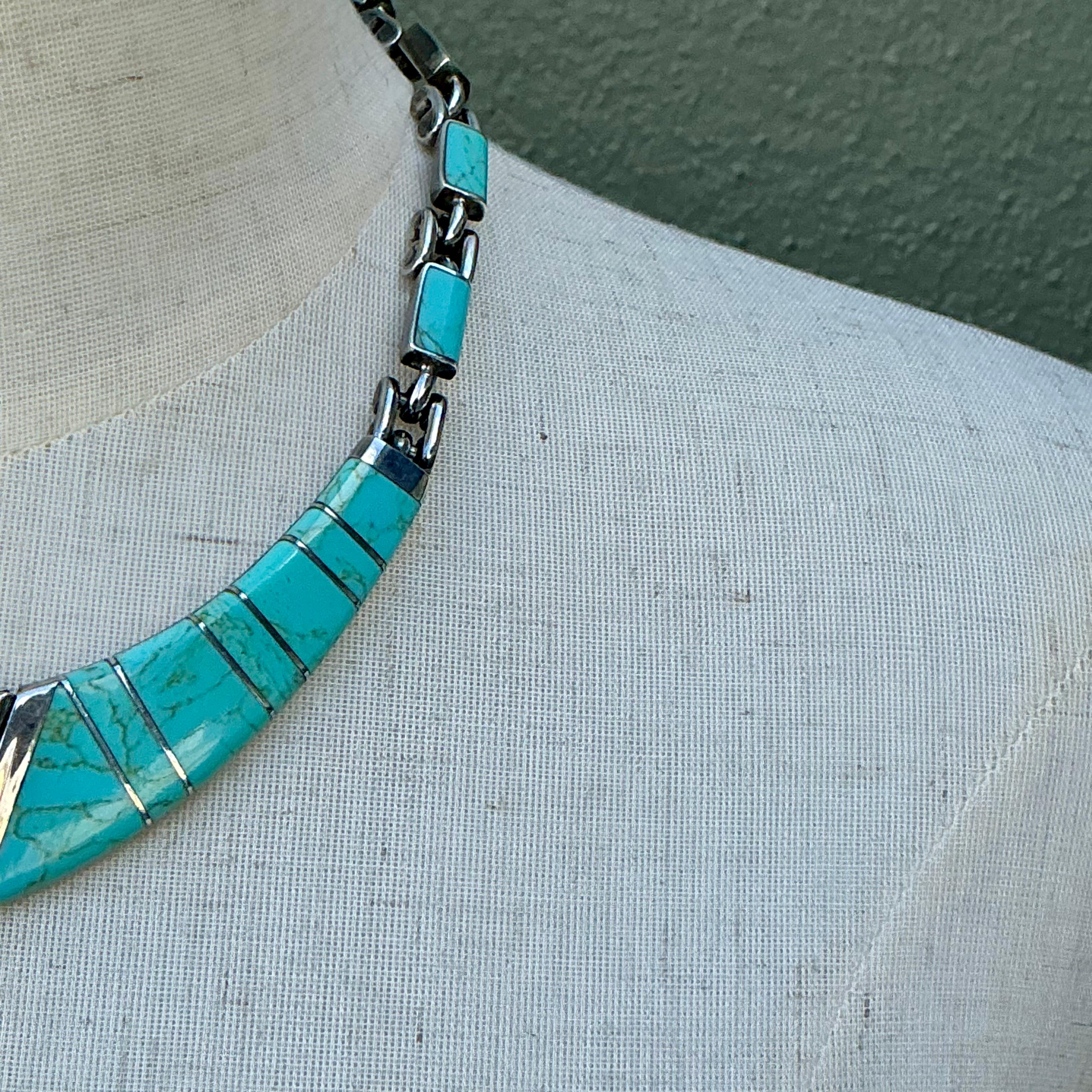 Collana vintage in argento sterling con intarsi in turchese del Messico in vendita 2