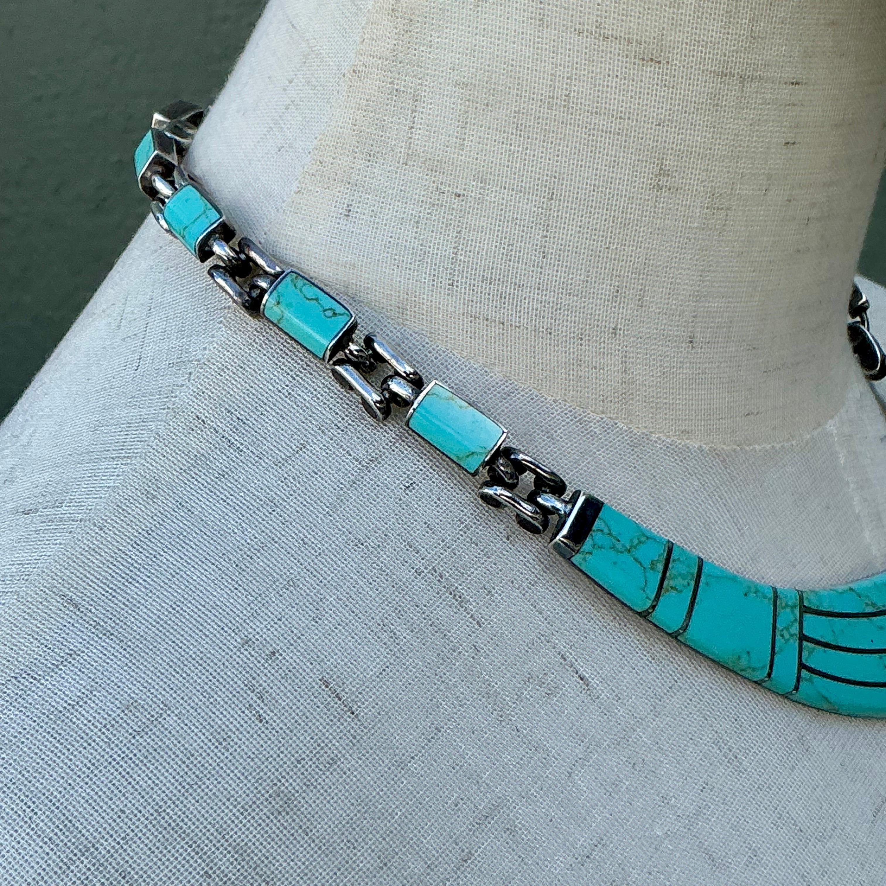 Collana vintage in argento sterling con intarsi in turchese del Messico in vendita 3