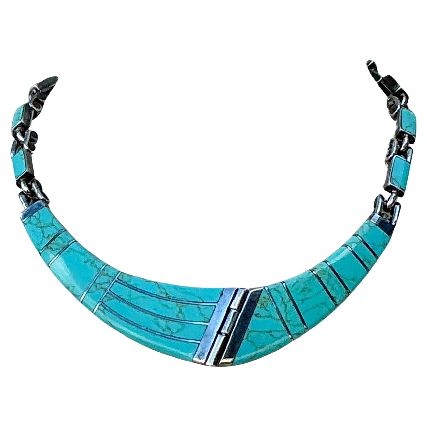 Collana vintage in argento sterling con intarsi in turchese del Messico