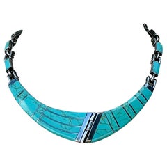Collana vintage in argento sterling con intarsi in turchese del Messico