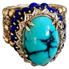 Vintage Turquoise, Lapis and Diamond 14 Karat Yellow Gold Ring