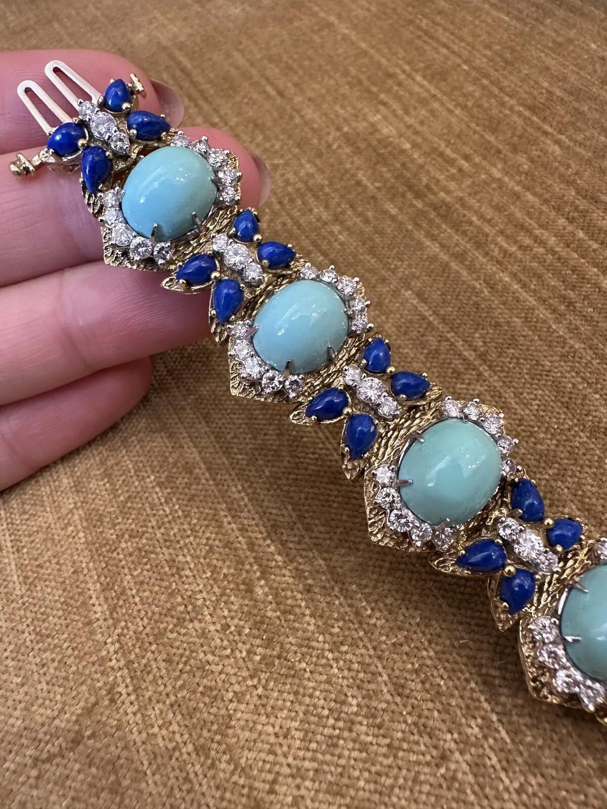 Vintage Turquoise, Lapis and Diamond Bracelet 18k Yellow Gold In Good Condition For Sale In La Jolla, CA