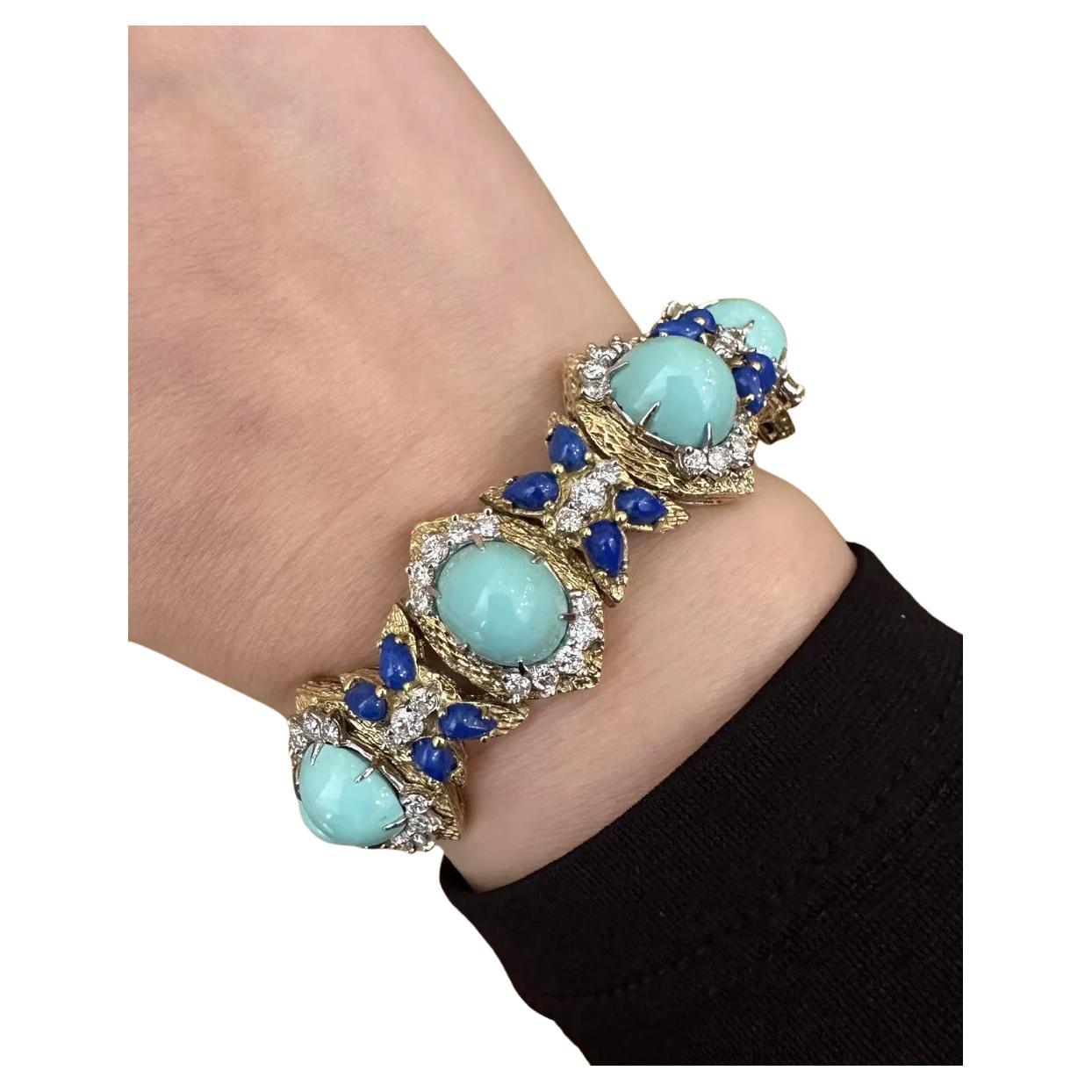 Bracelet vintage en or jaune 18 carats avec turquoises, lapis et diamants