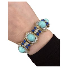 Vintage Turquoise, Lapis and Diamond Bracelet 18k Yellow Gold