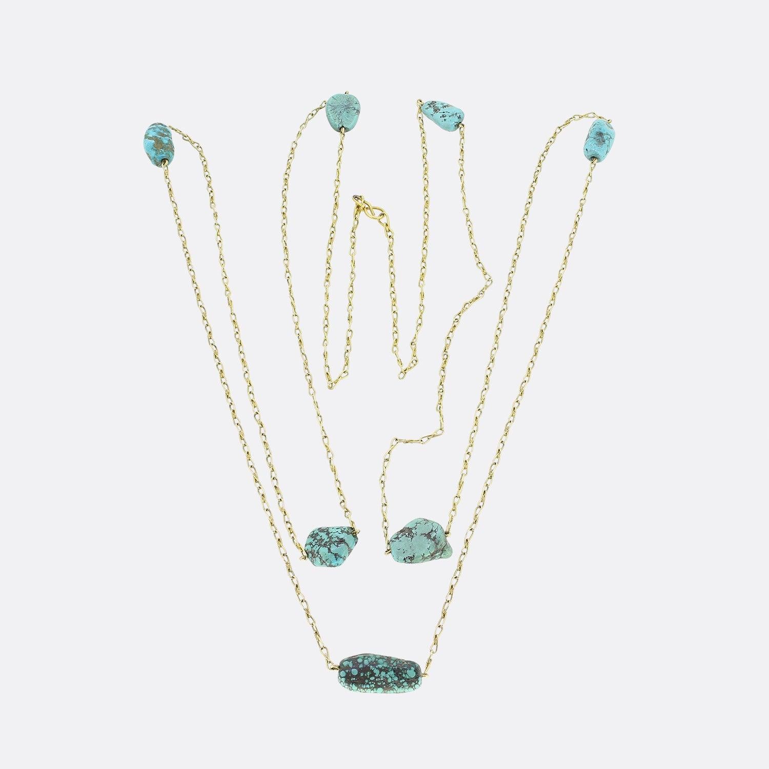 Rough Cut Vintage Turquoise Long Chain Necklace