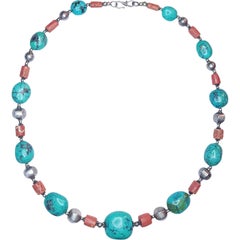 Vintage Turquoise Mediterranean Coral Sterling Silver Statement Necklace