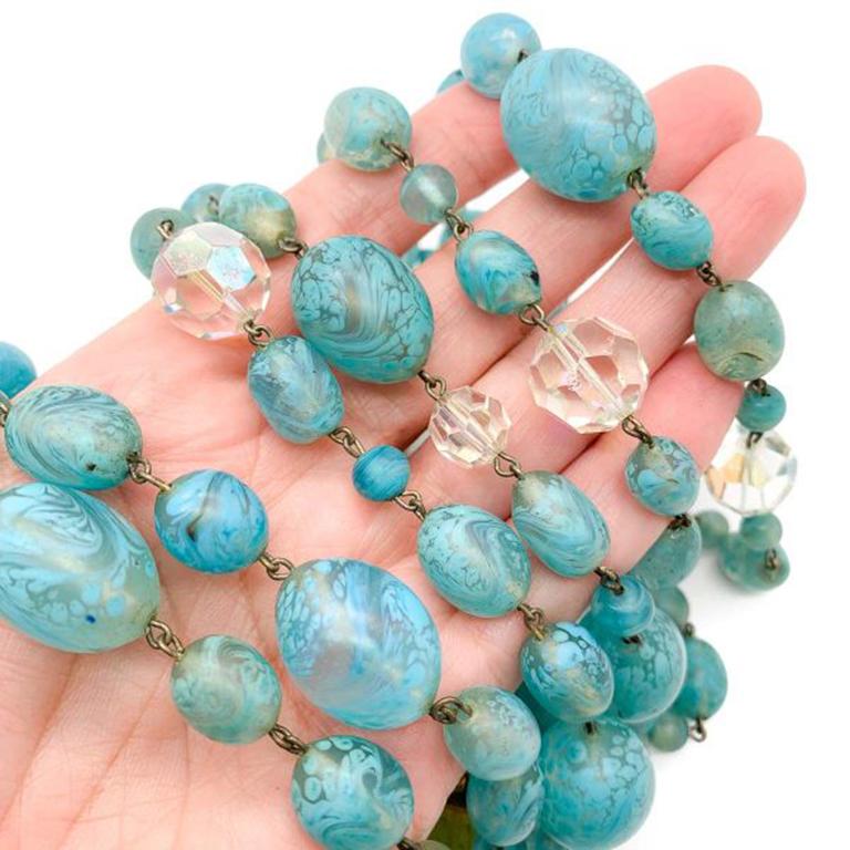 Women's Vintage Turquoise Murano Art Glass Statement Beaded Necklace 1950s