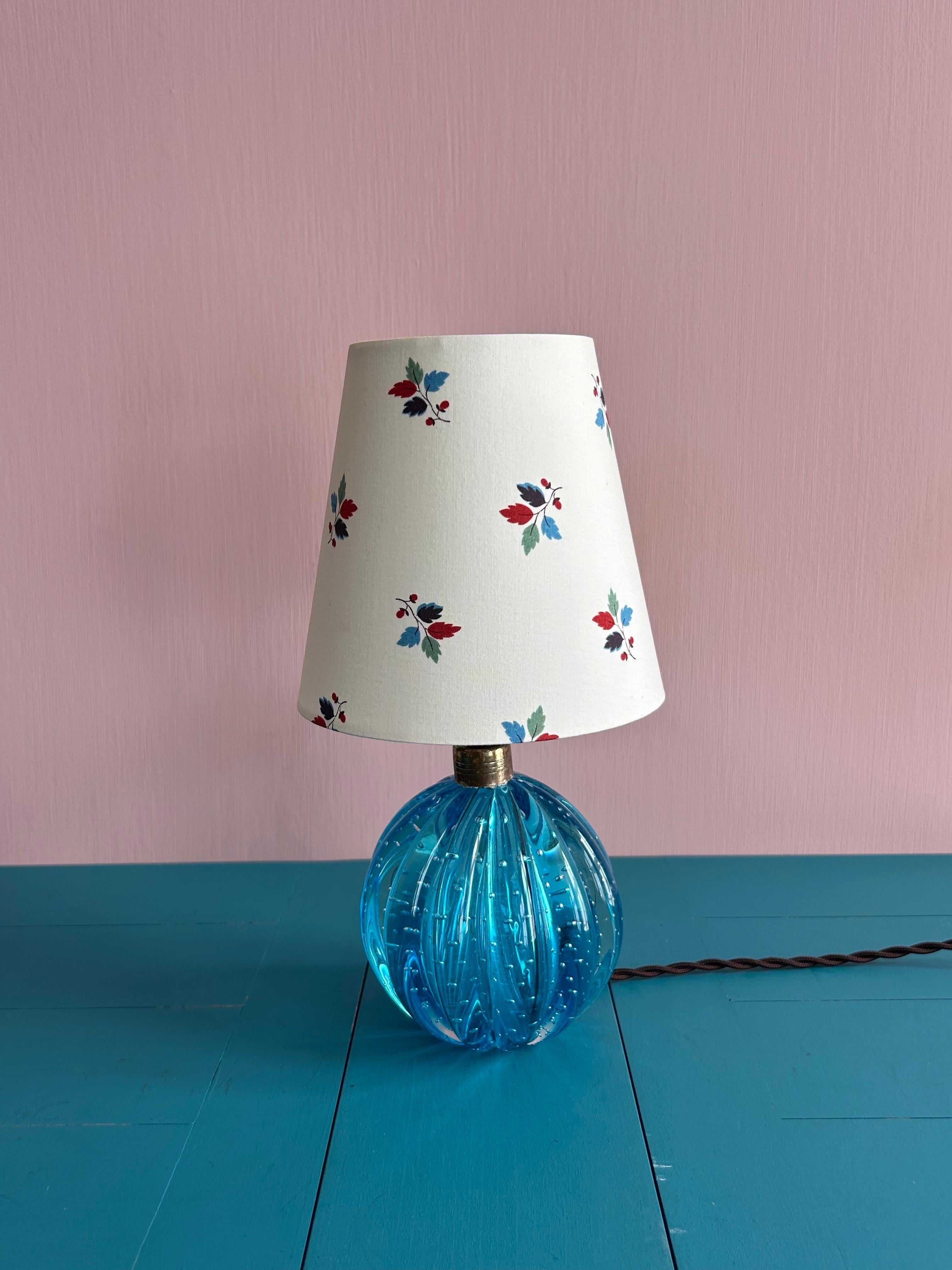 Italian Vintage turquoise Murano Table Lamp with Customized Floral Shade, Italy, 1950s For Sale