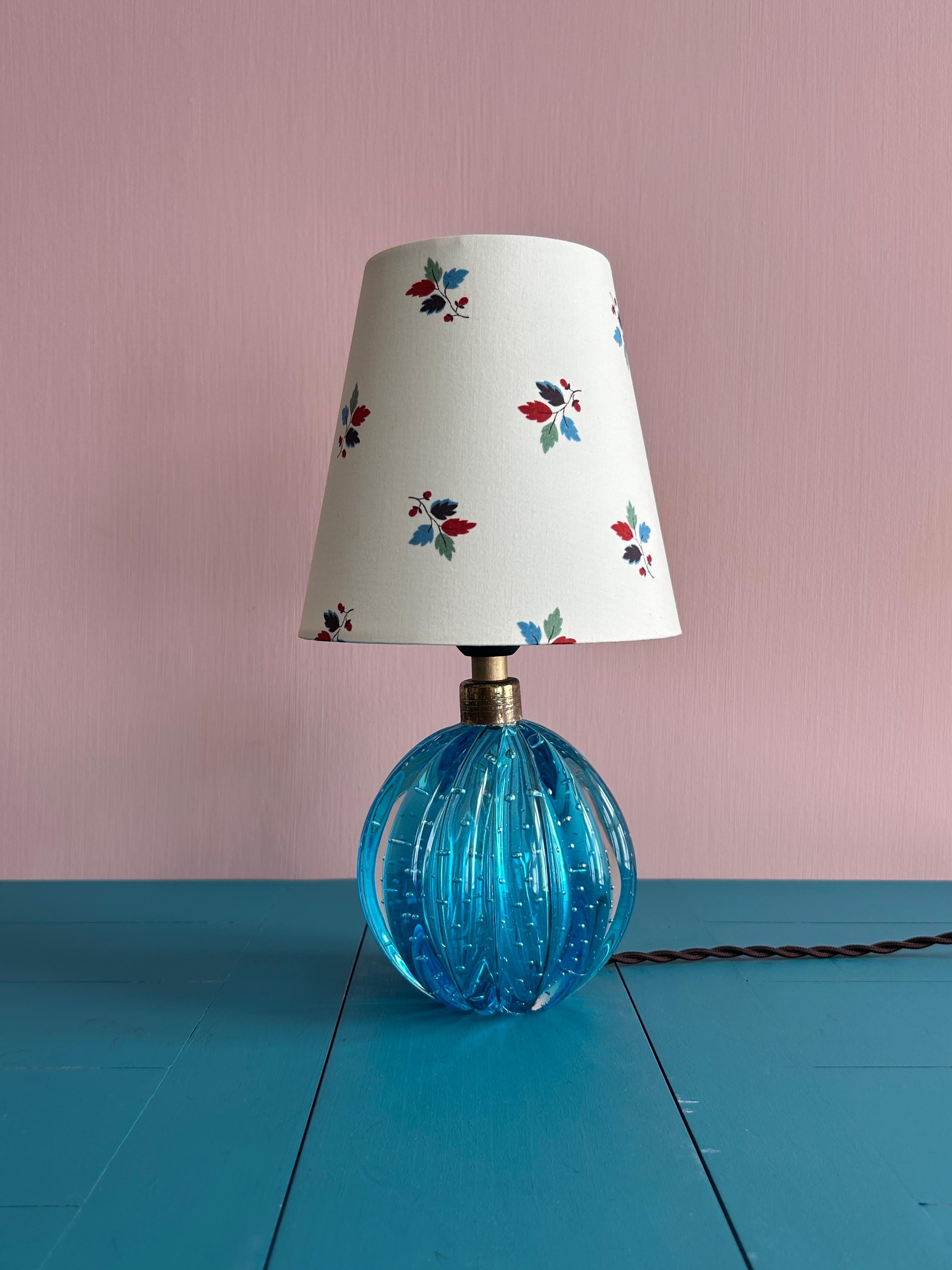 Vintage turquoise Murano Table Lamp with Customized Floral Shade, Italy, 1950s In Good Condition For Sale In Copenhagen K, DK
