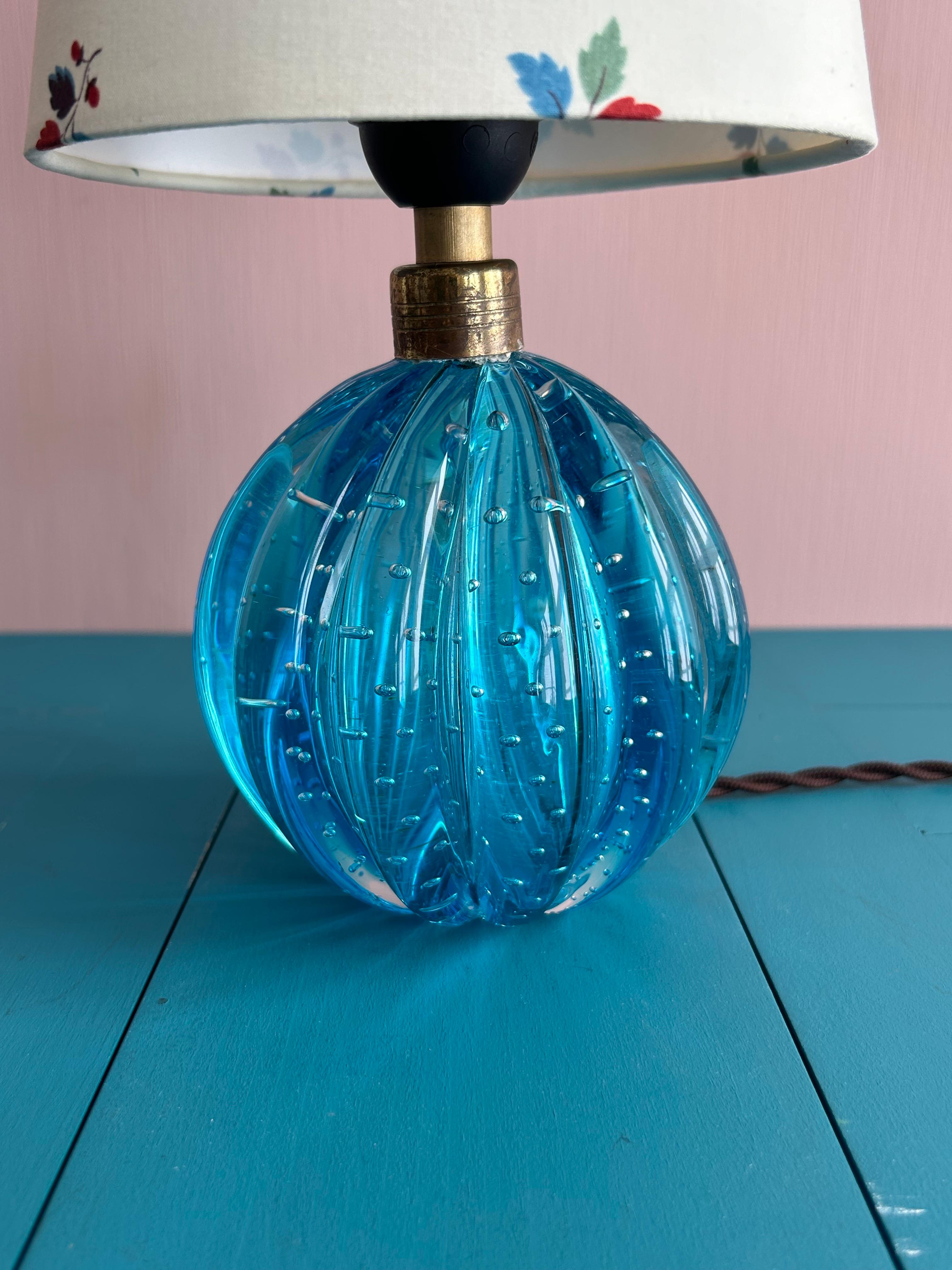 Mid-20th Century Vintage turquoise Murano Table Lamp with Customized Floral Shade, Italy, 1950s For Sale