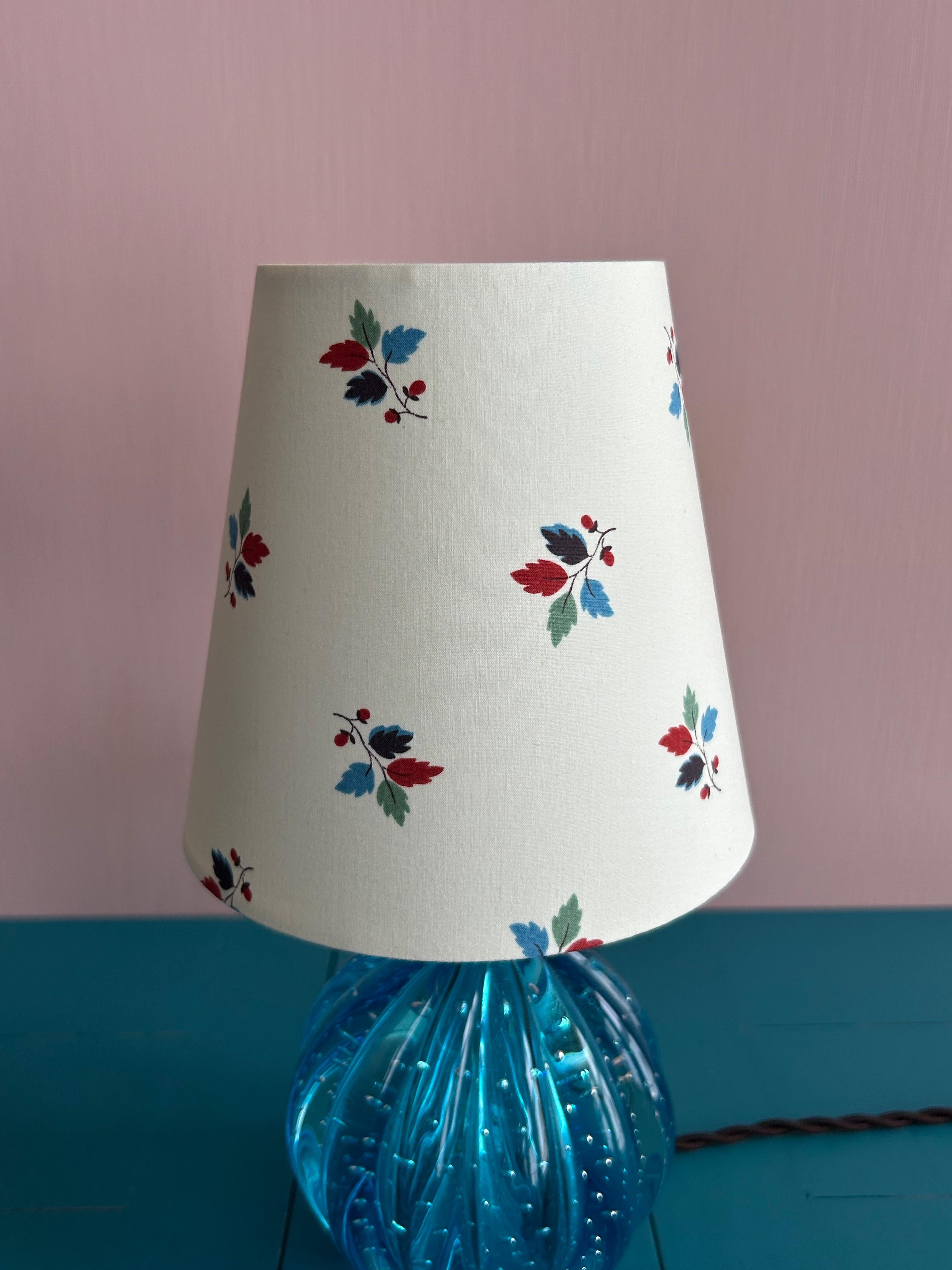 Textile Vintage turquoise Murano Table Lamp with Customized Floral Shade, Italy, 1950s For Sale