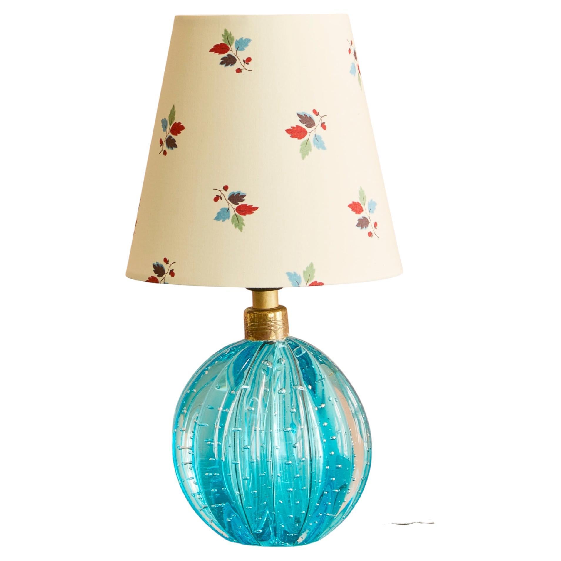 Vintage turquoise Murano Table Lamp with Customized Floral Shade, Italy, 1950s For Sale