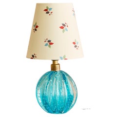 Vintage turquoise Murano Table Lamp with Customized Floral Shade, Italy, 1950s