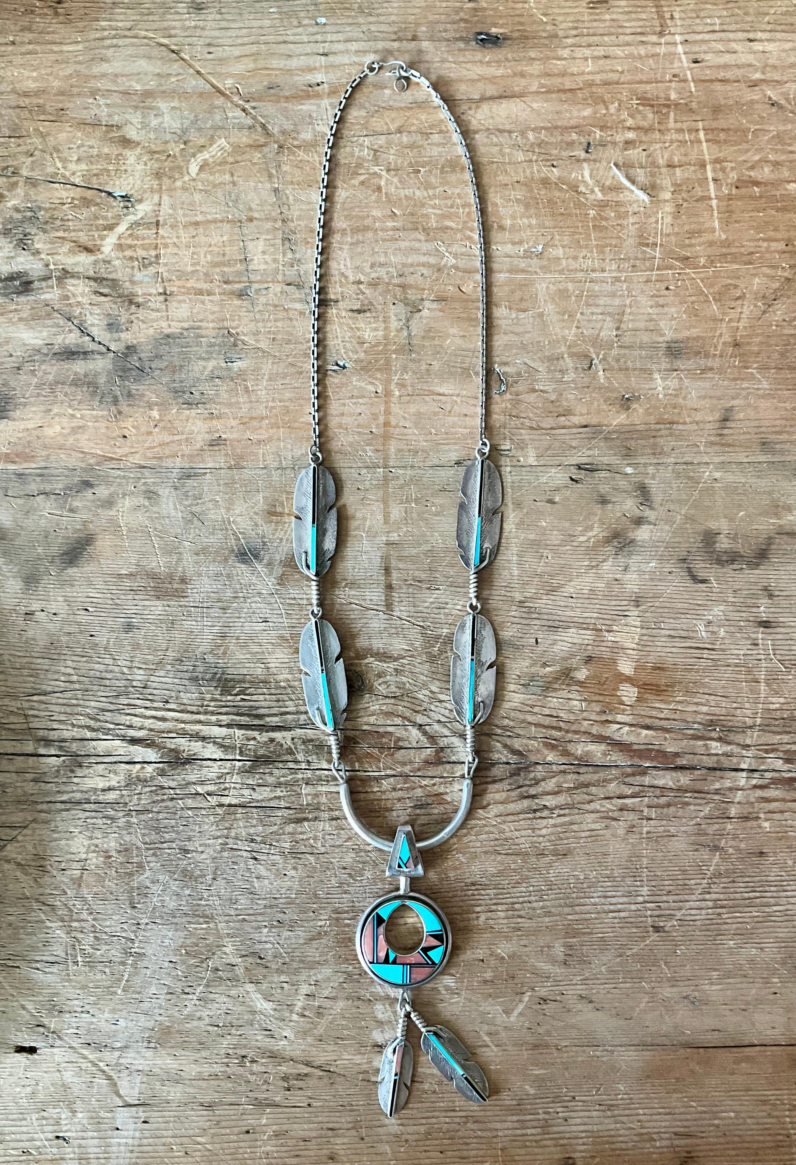 Taille mixte Collier pendentif en argent 925 avec Turquoise Vintage Native American en vente