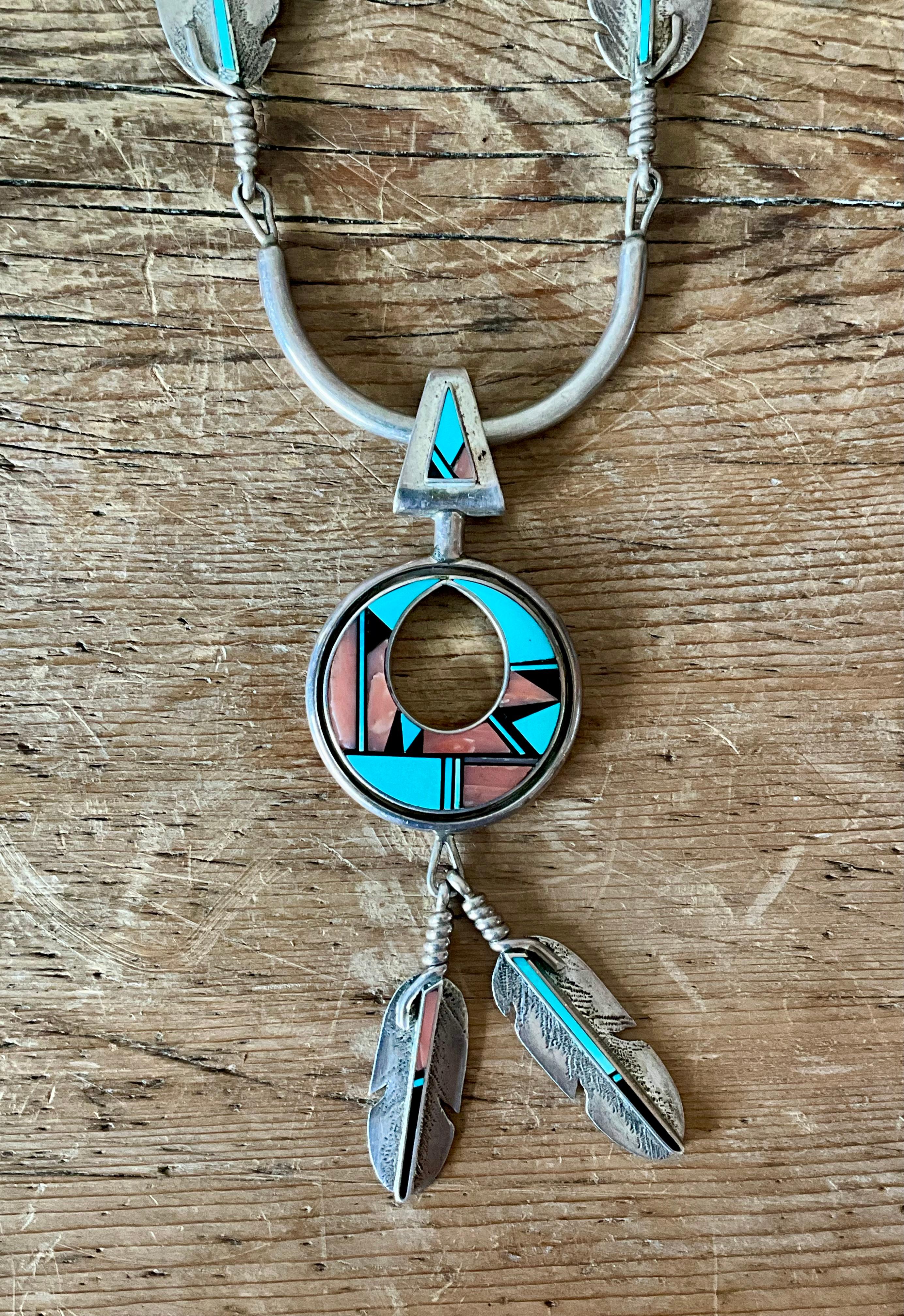 Collier pendentif en argent 925 avec Turquoise Vintage Native American Unisexe en vente