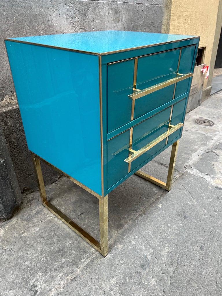 Vintage Turquoise Opaline Glass Nightstands, Brass Handles and Inlays, 1980 3
