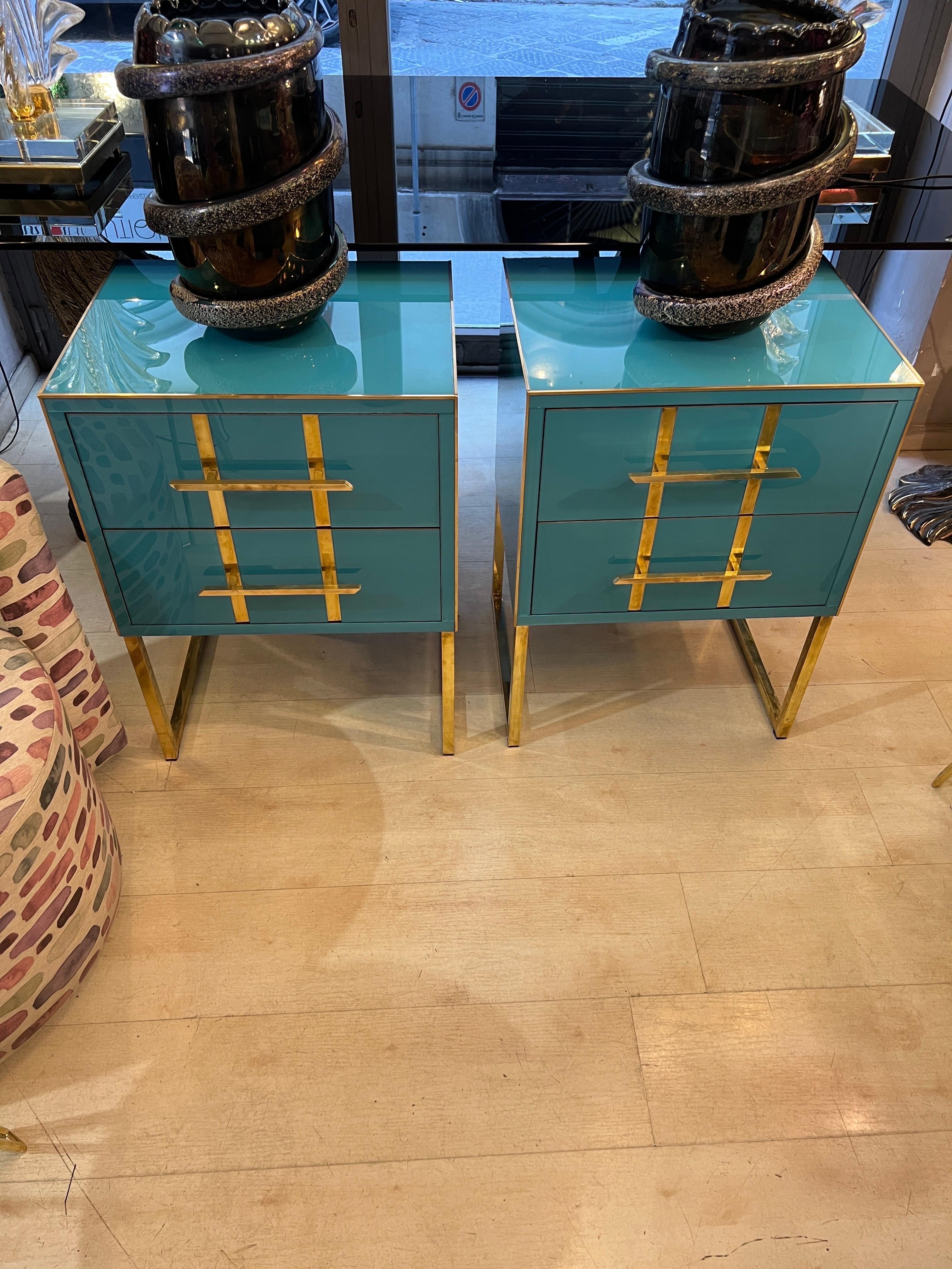Vintage Turquoise Opaline Glass Nightstands, Brass Handles and Inlays, 1980 For Sale 4
