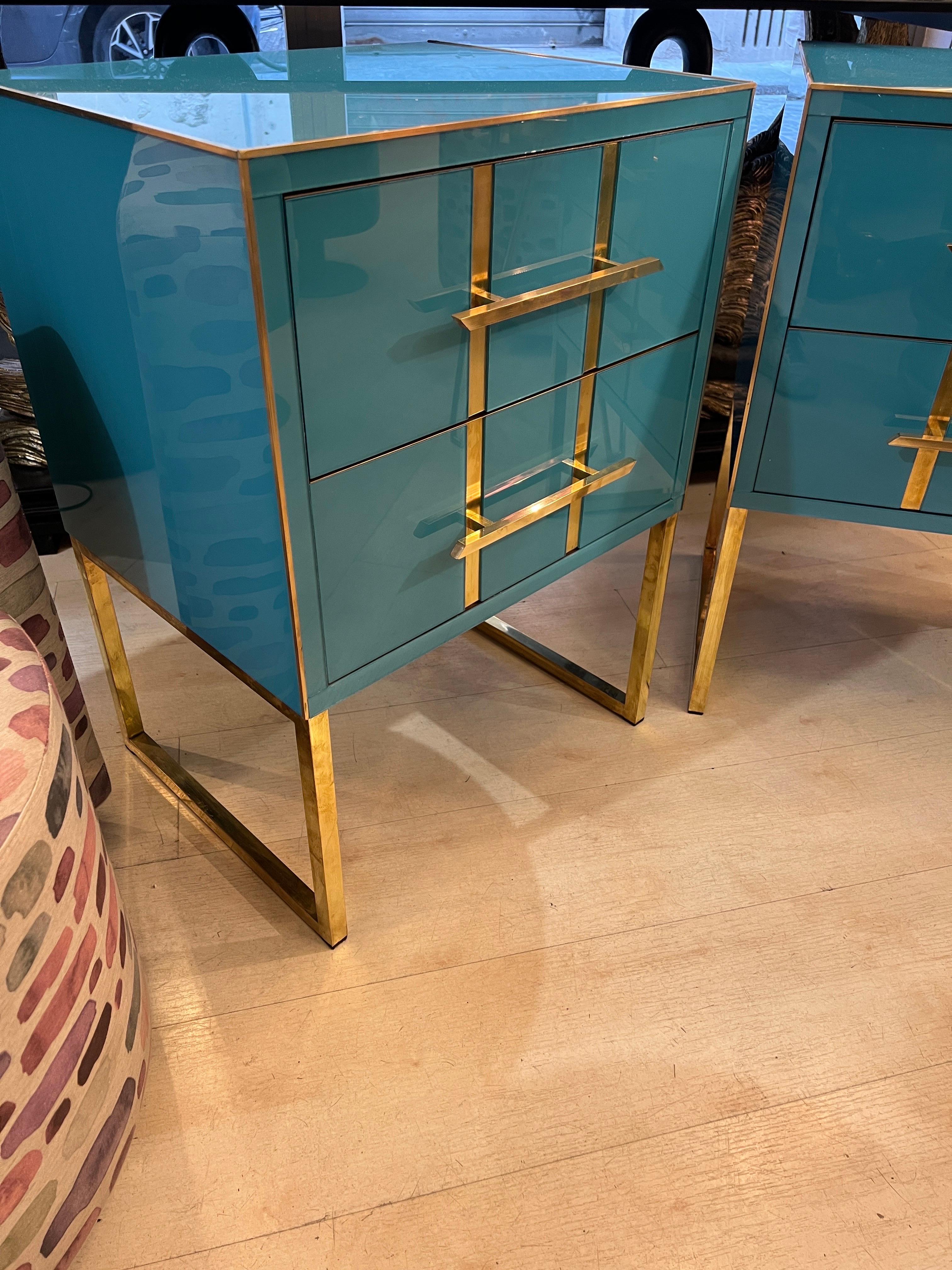 Vintage Turquoise Opaline Glass Nightstands, Brass Handles and Inlays, 1980 4