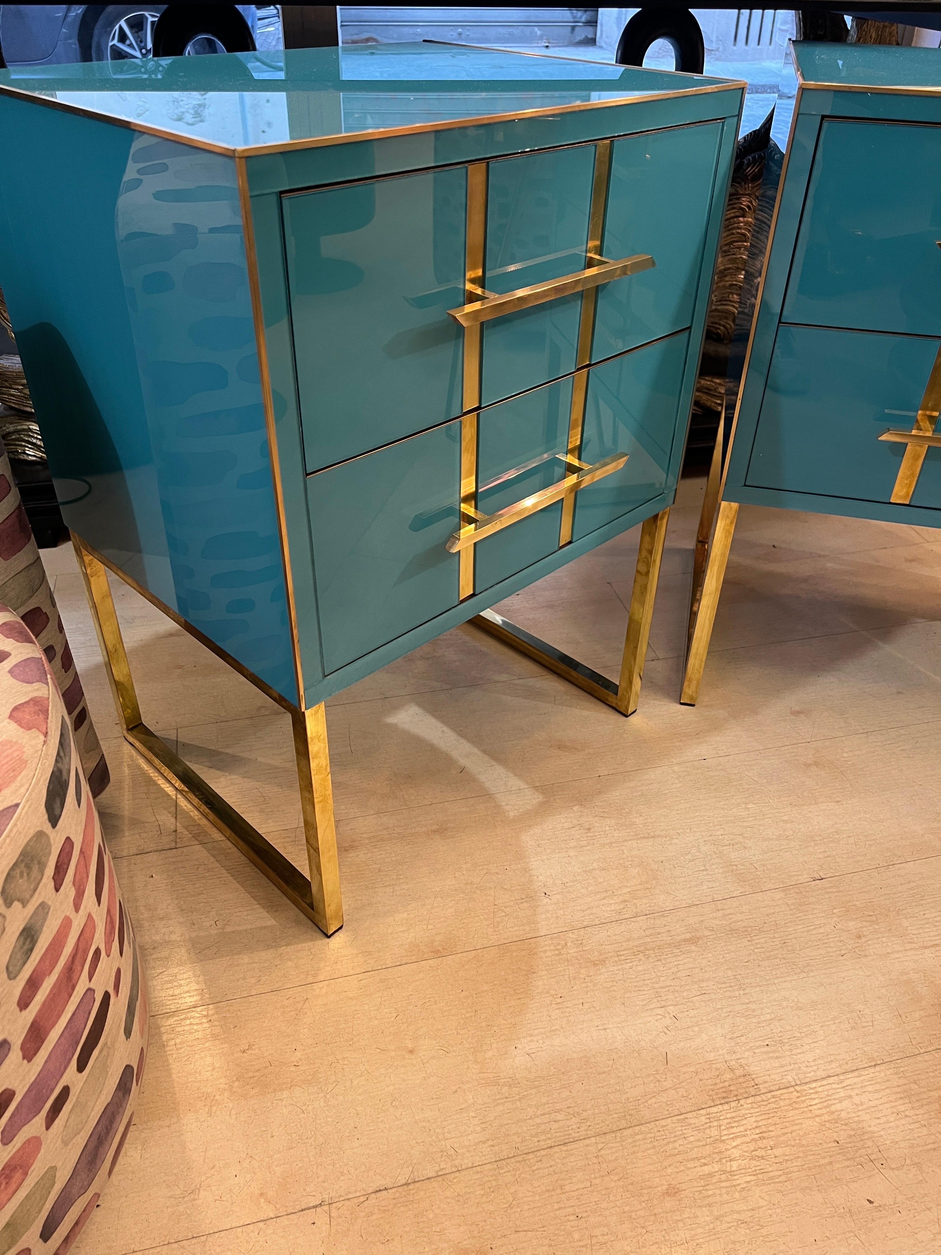 Vintage Turquoise Opaline Glass Nightstands, Brass Handles and Inlays, 1980 For Sale 5