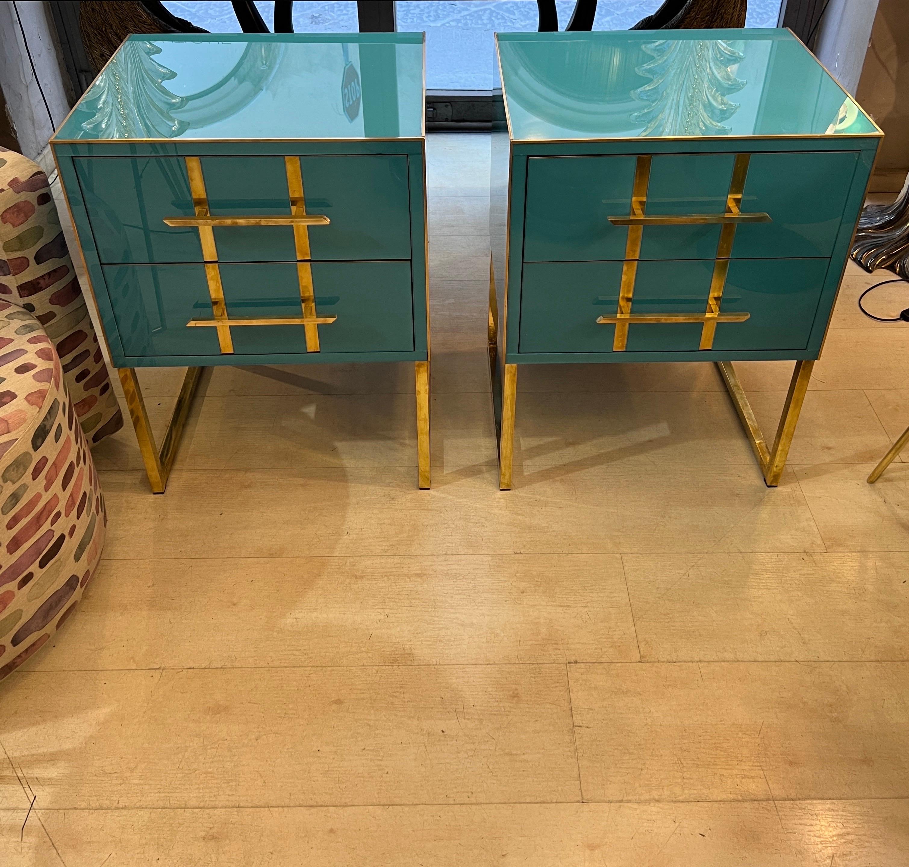 Vintage Turquoise Opaline Glass Nightstands, Brass Handles and Inlays, 1980 For Sale 6