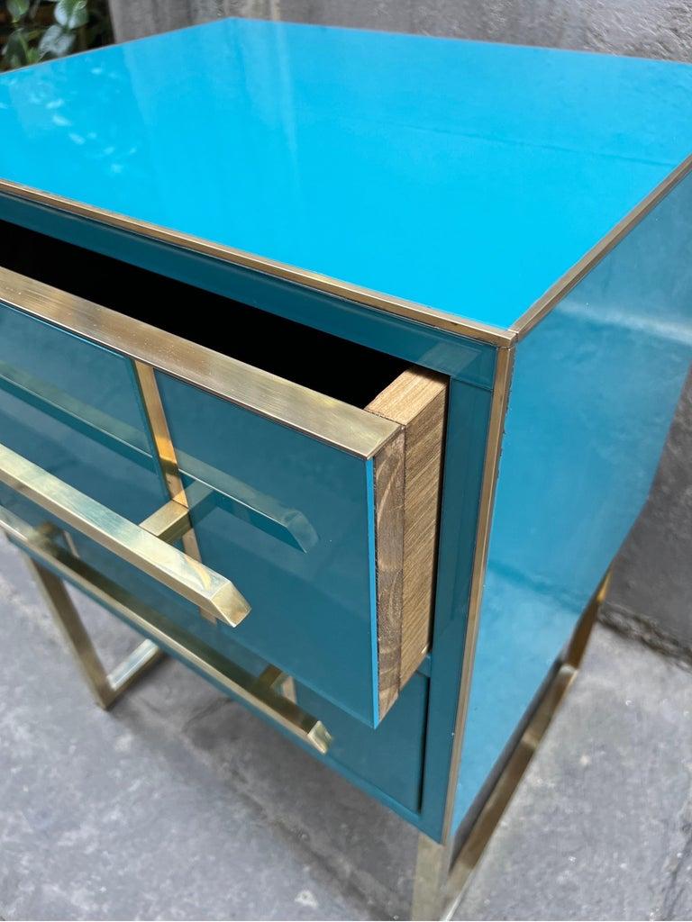 Vintage Turquoise Opaline Glass Nightstands, Brass Handles and Inlays, 1980 6