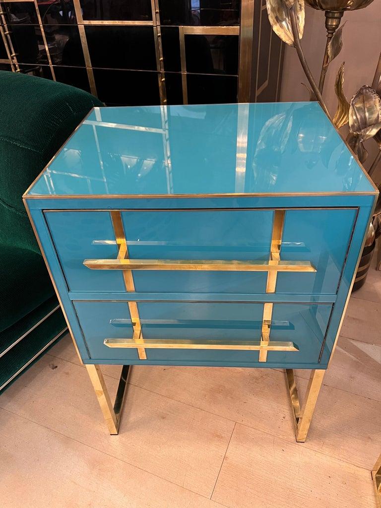 Vintage Turquoise Opaline Glass Nightstands, Brass Handles and Inlays, 1980 For Sale 8