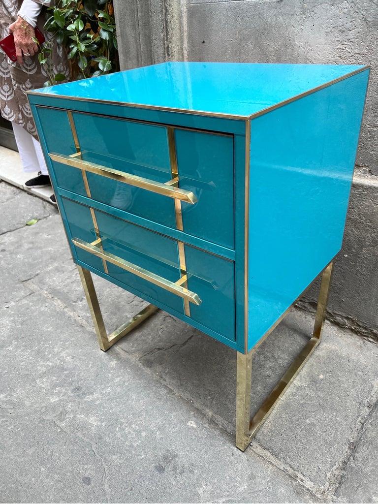 Vintage Turquoise Opaline Glass Nightstands, Brass Handles and Inlays, 1980 For Sale 11