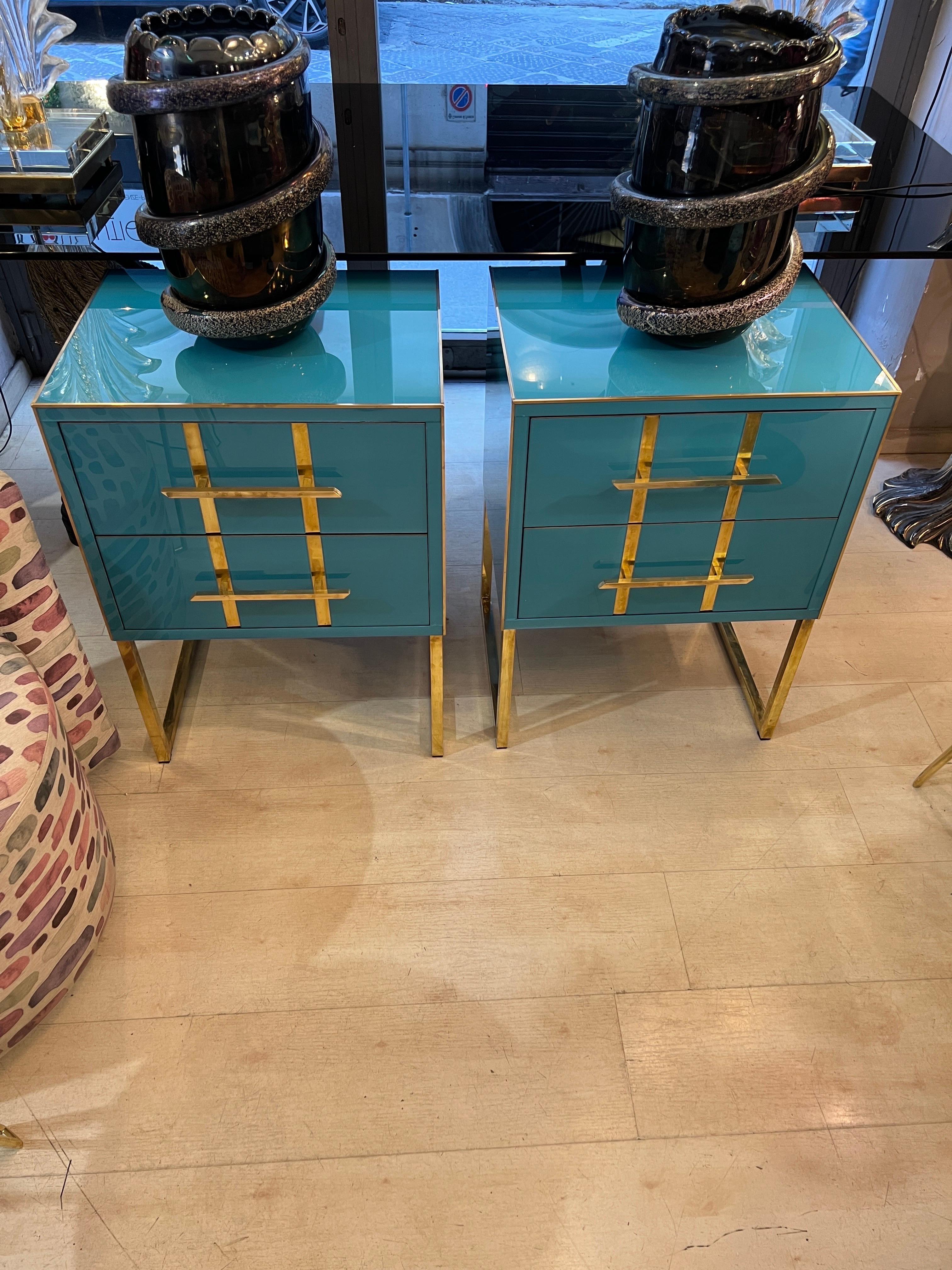 Modern Vintage Turquoise Opaline Glass Nightstands, Brass Handles and Inlays, 1980