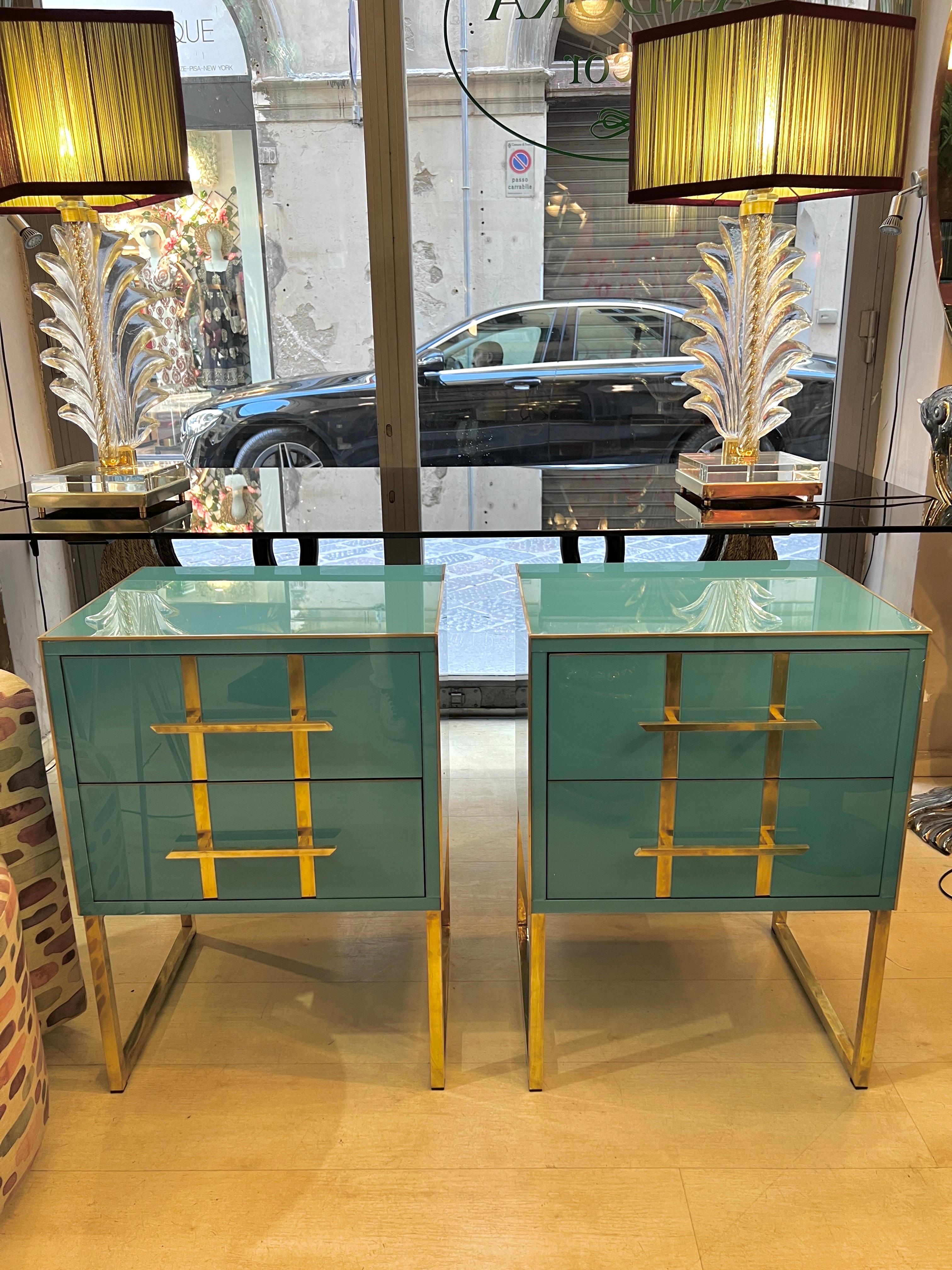 Italian Vintage Turquoise Opaline Glass Nightstands, Brass Handles and Inlays, 1980 For Sale