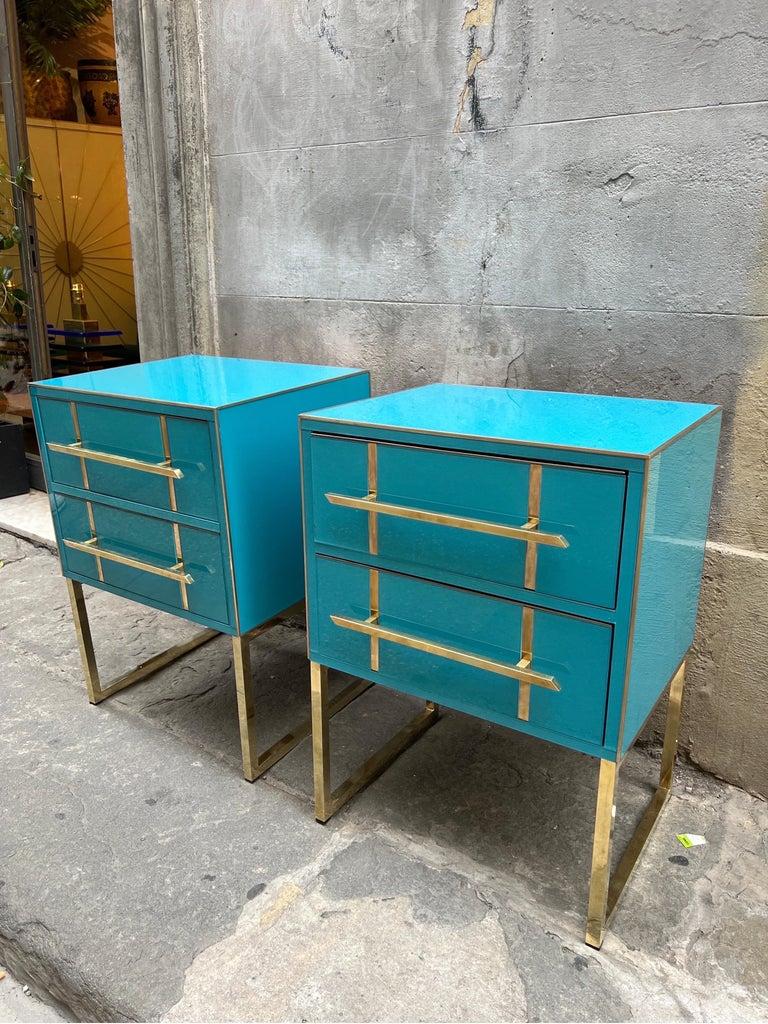 Modern Vintage Turquoise Opaline Glass Nightstands, Brass Handles and Inlays, 1980