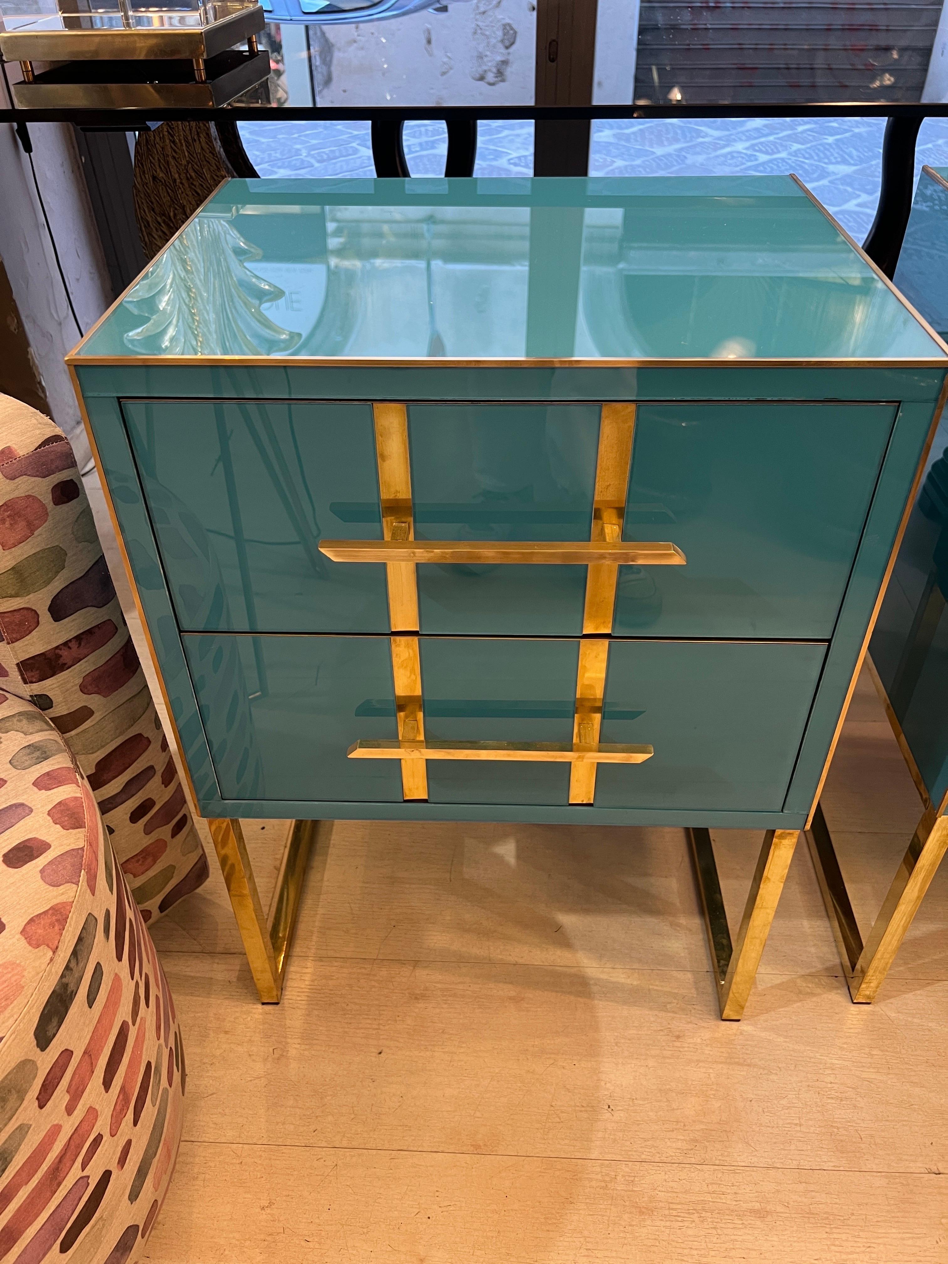 Vintage Turquoise Opaline Glass Nightstands, Brass Handles and Inlays, 1980 In Good Condition For Sale In Florence, IT