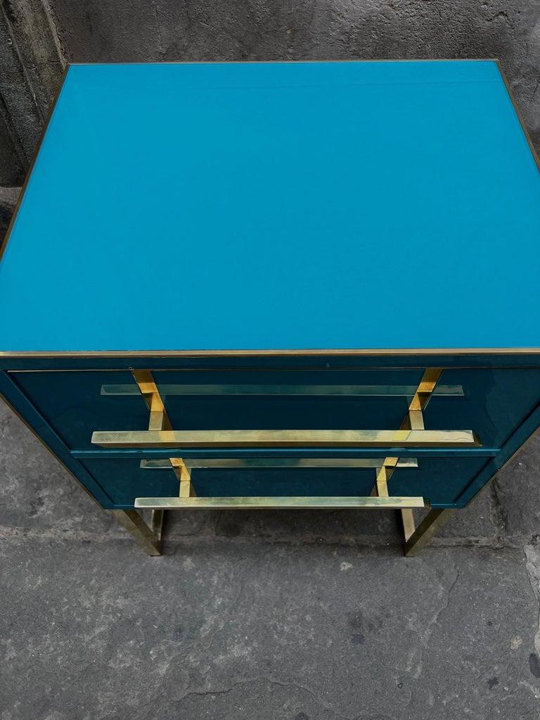 Vintage Turquoise Opaline Glass Nightstands, Brass Handles and Inlays, 1980 In Good Condition For Sale In Florence, IT