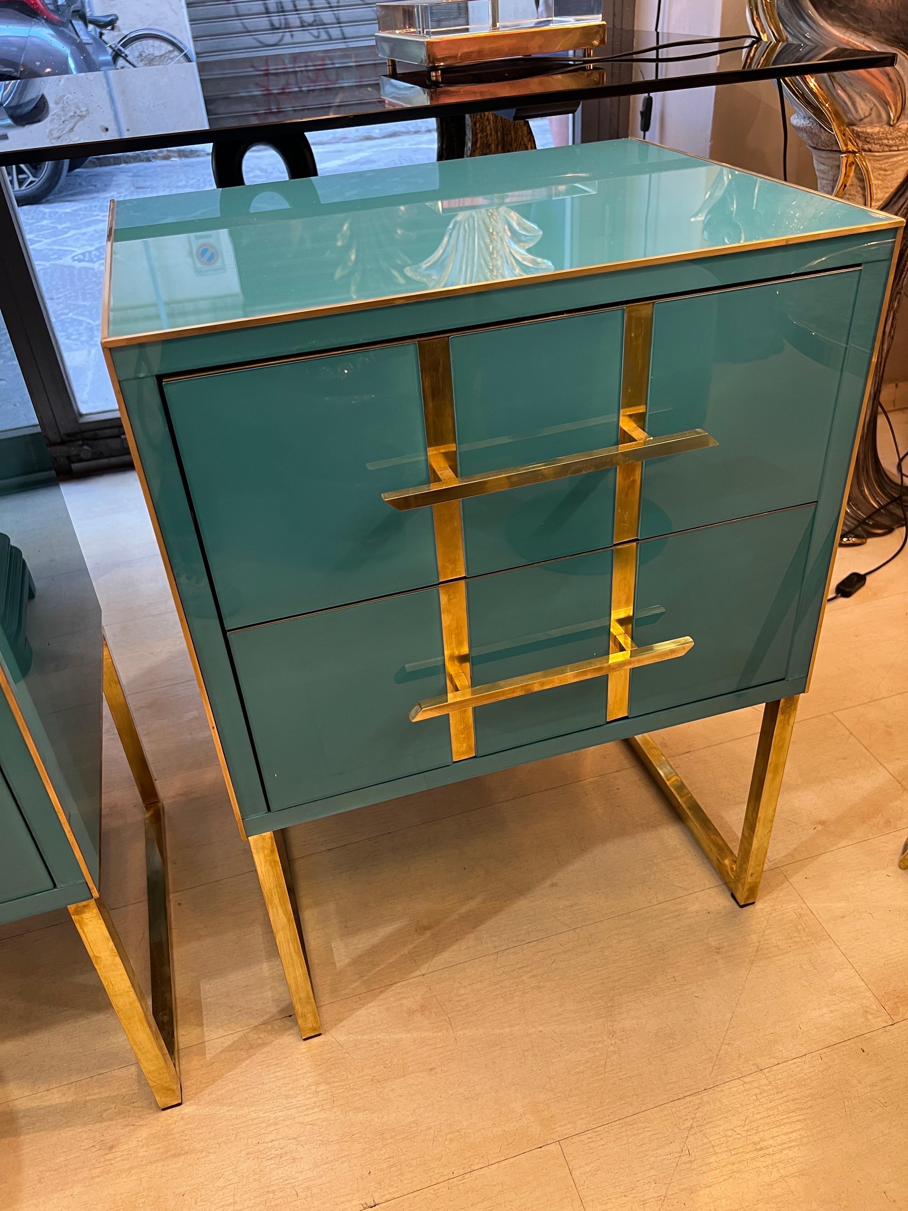 Late 20th Century Vintage Turquoise Opaline Glass Nightstands, Brass Handles and Inlays, 1980 For Sale