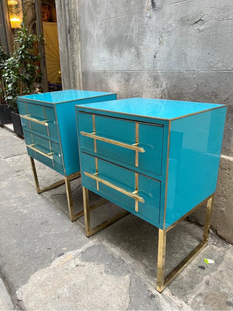 Vintage Turquoise Opaline Glass Nightstands, Brass Handles and Inlays, 1980 For Sale 1