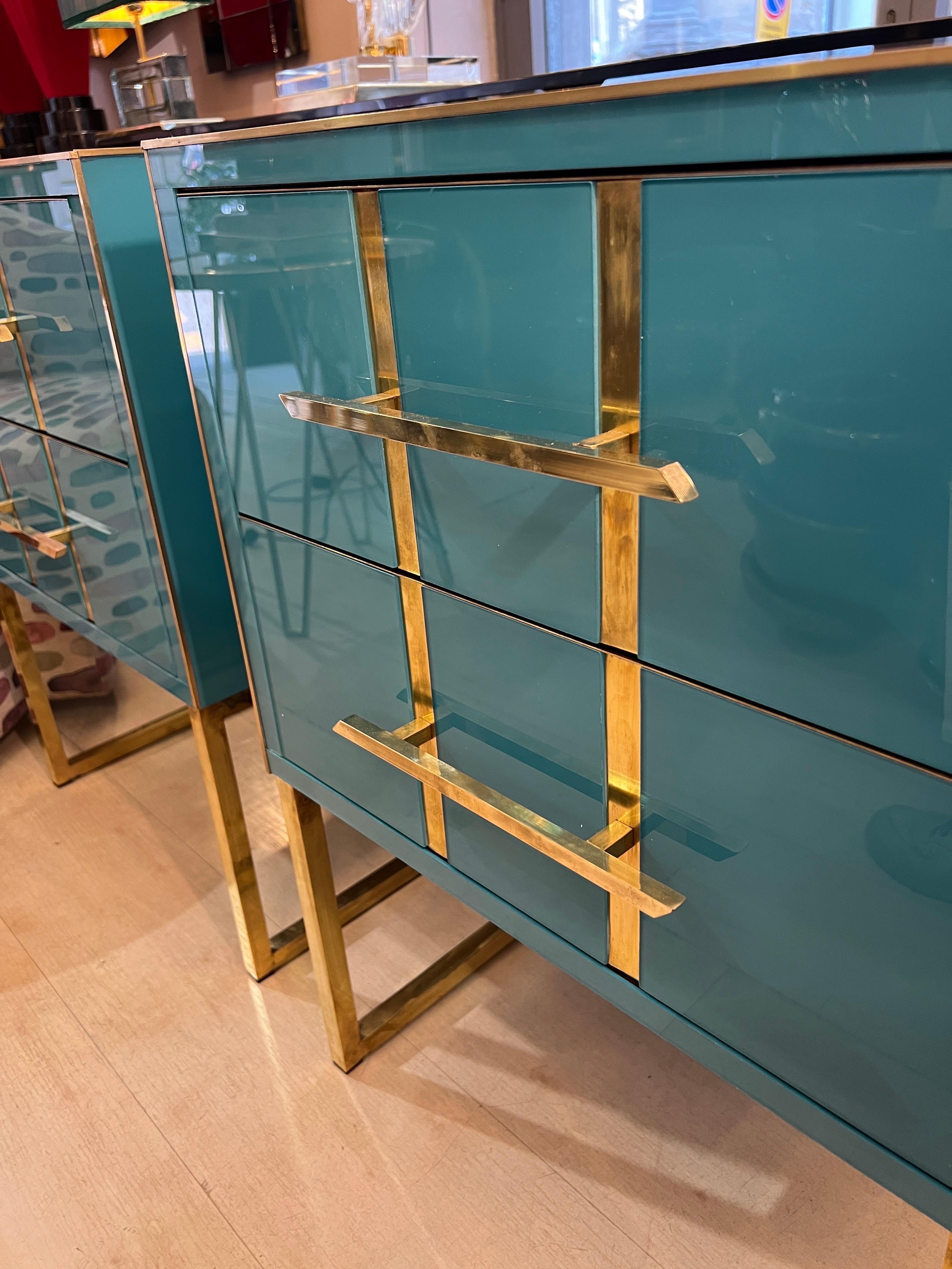 Vintage Turquoise Opaline Glass Nightstands, Brass Handles and Inlays, 1980 For Sale 2