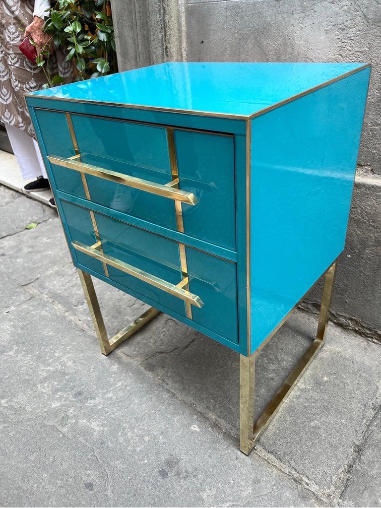 Vintage Turquoise Opaline Glass Nightstands, Brass Handles and Inlays, 1980 For Sale 2