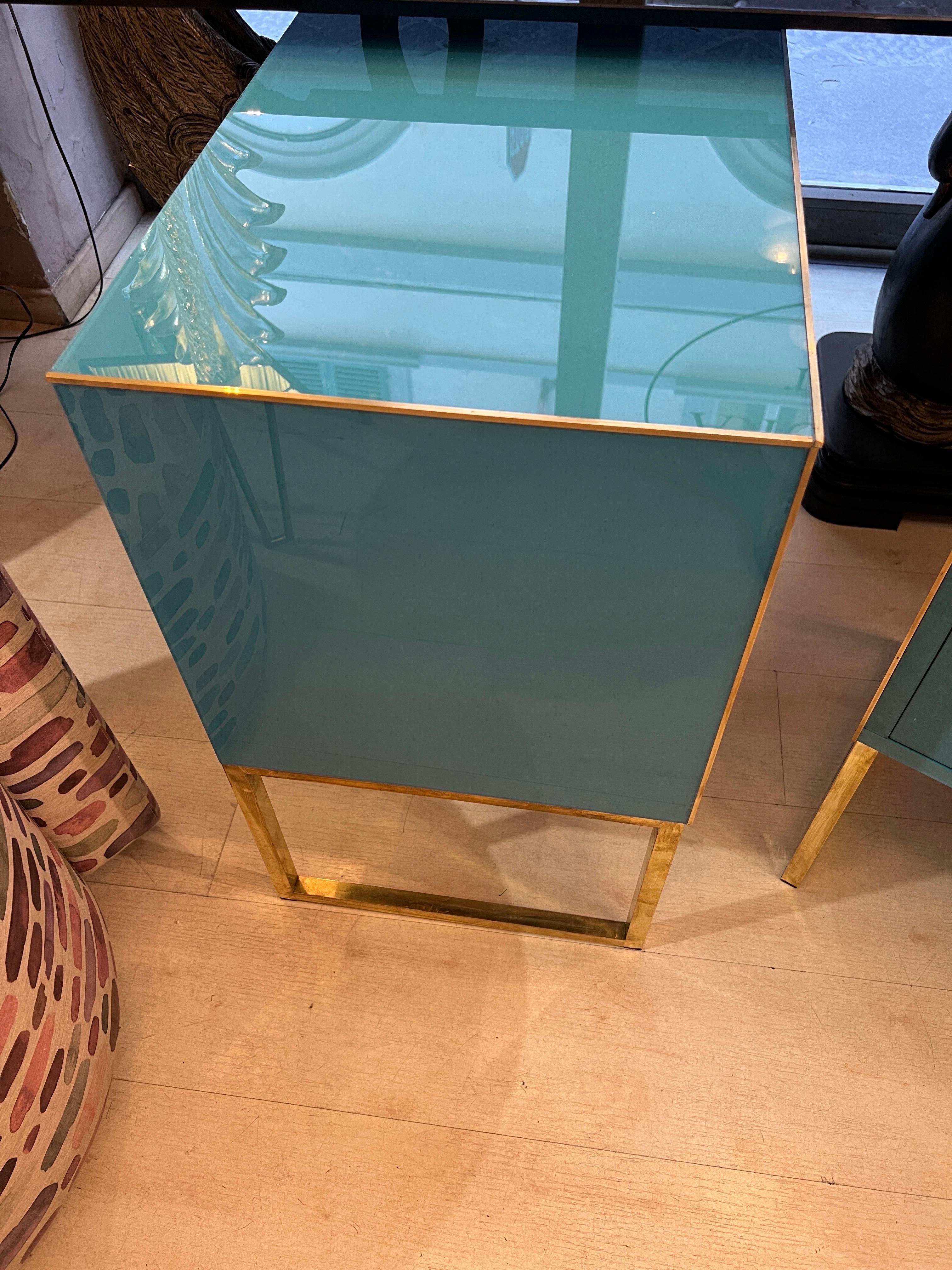 Vintage Turquoise Opaline Glass Nightstands, Brass Handles and Inlays, 1980 For Sale 3
