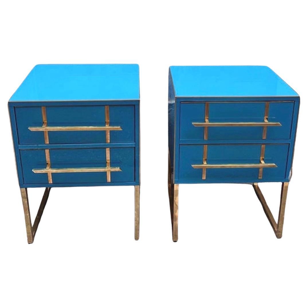 Vintage Turquoise Opaline Glass Nightstands, Brass Handles and Inlays, 1980 For Sale