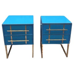 Used Turquoise Opaline Glass Nightstands, Brass Handles and Inlays, 1980