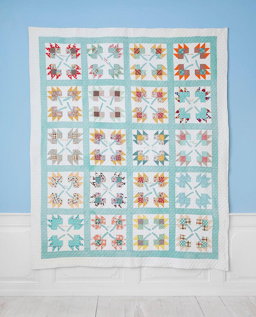 ‘Autumn Leaf Signature Friendship’ quilt with hand appliqued leaf stems and hand embroidered names.

USA, 1930s

Measures: H 235 x W 195 cm.