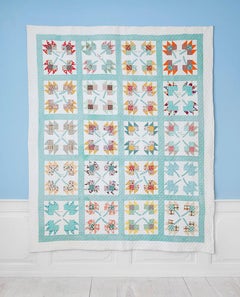 Vintage Turquoise Patchwork "Autumn Leaf Signature Friendship" Quilt, USA, 1930s