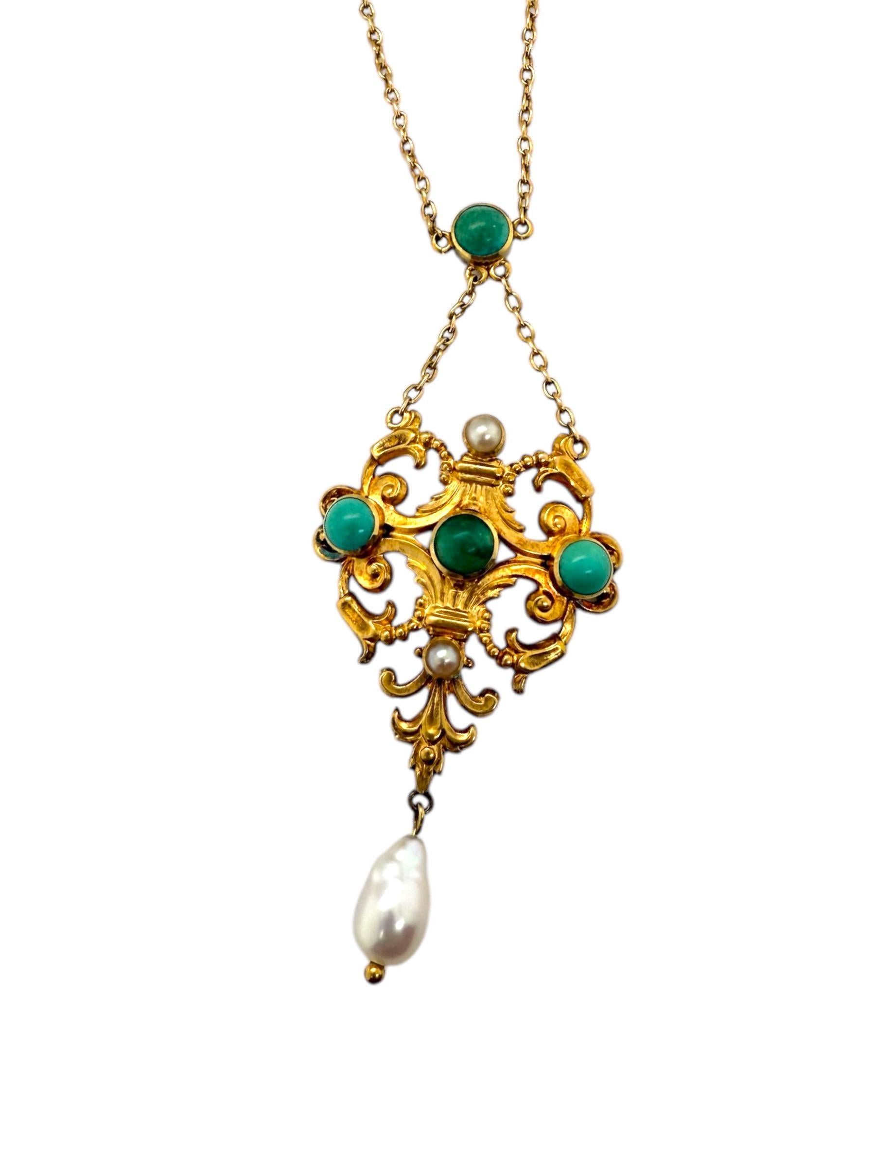 Vintage Turquoise & Pearl 18K Yellow Gold Necklace For Sale 1