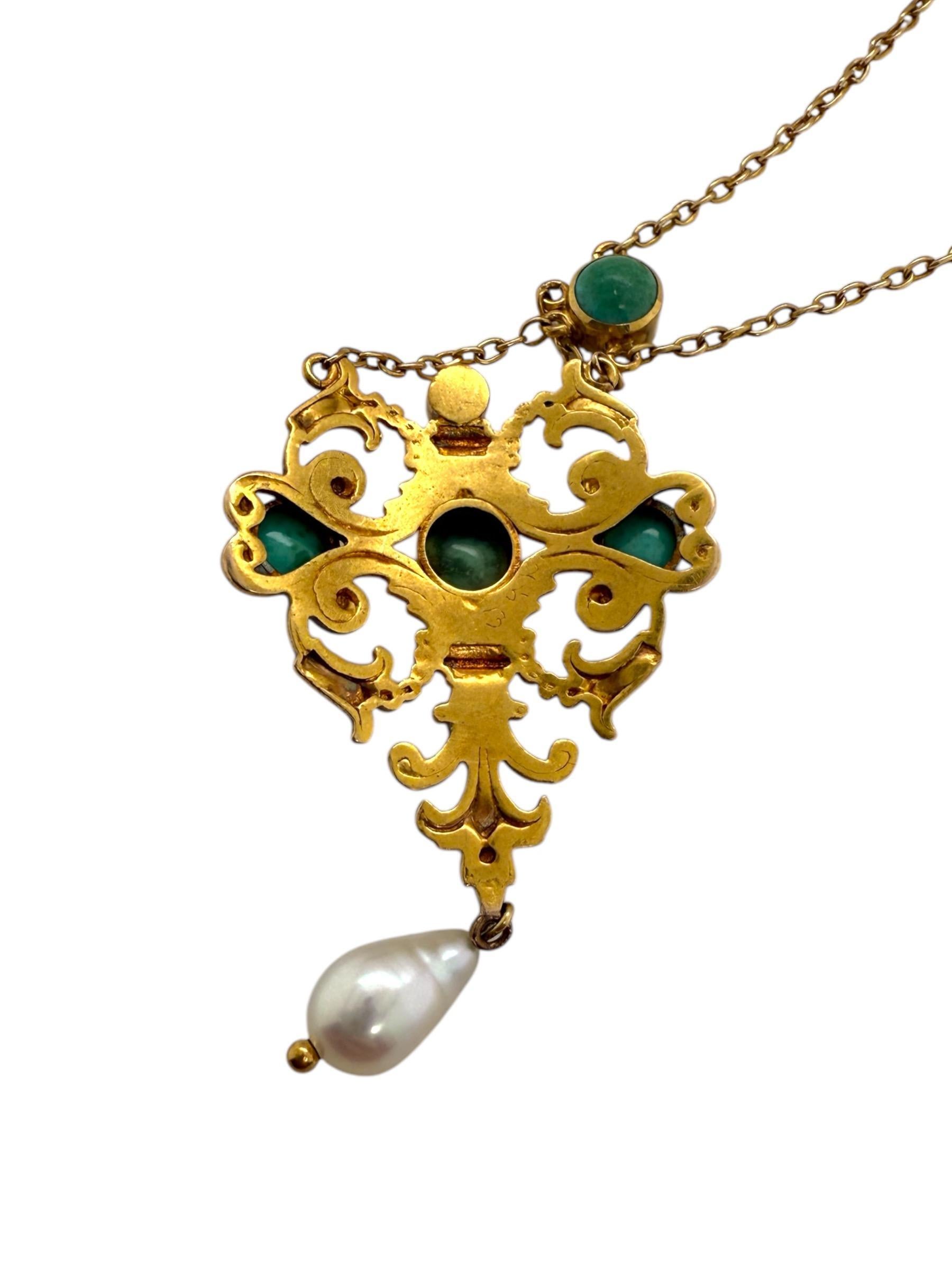 Vintage Turquoise & Pearl 18K Yellow Gold Necklace For Sale 3