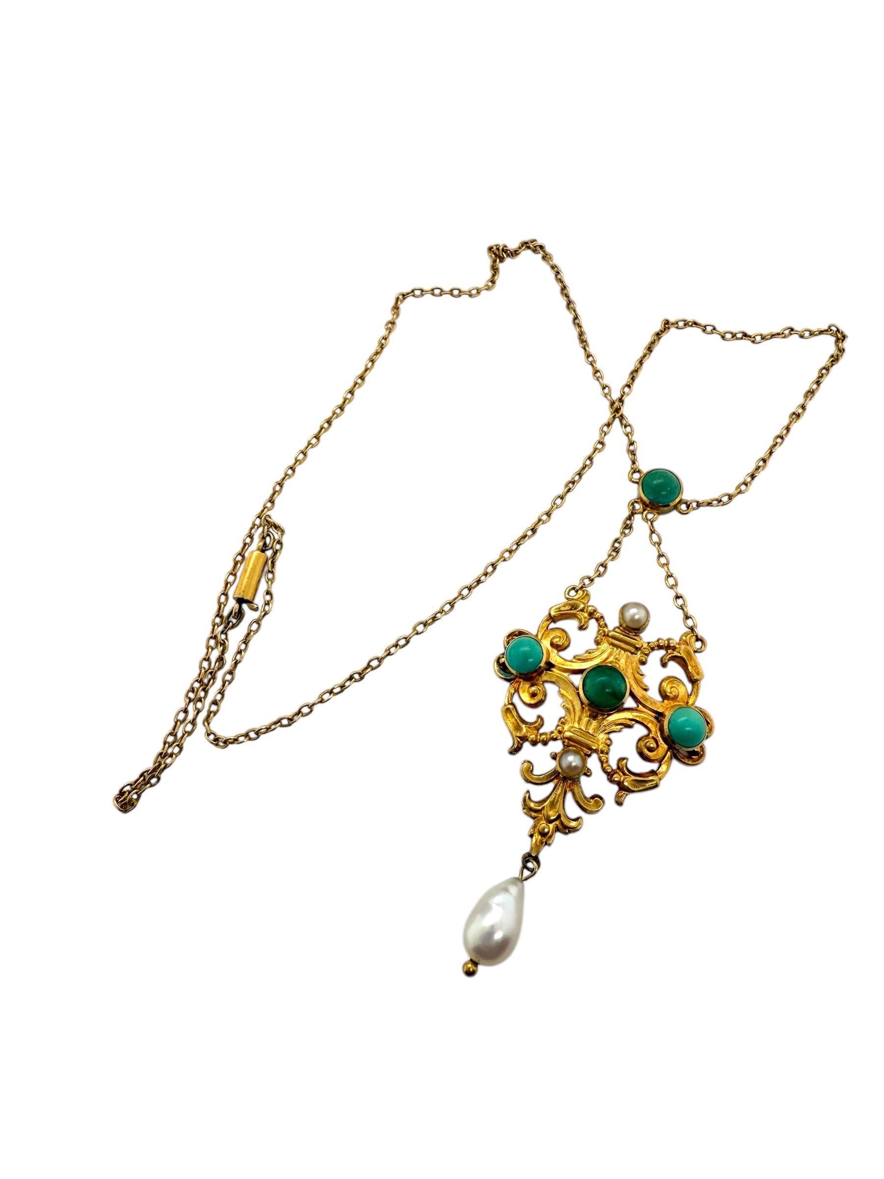 Vintage Turquoise & Pearl 18K Yellow Gold Necklace For Sale 4